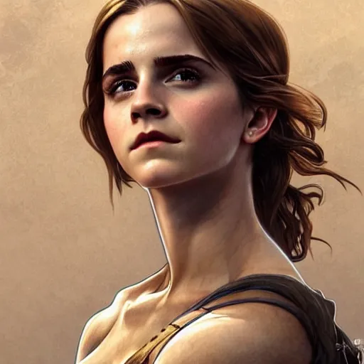 Image similar to emma watson portrait of a rugged ranger, muscular, upper body, hairy torso, D&D, fantasy, intricate, elegant, highly detailed, digital painting, artstation, concept art, matte, sharp focus, illustration, art by Artgerm and Greg Rutkowski and Alphonse Mucha