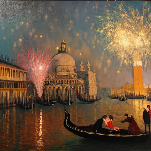 Image similar to an oil painting of couple kissing, in a background fireworks in venice