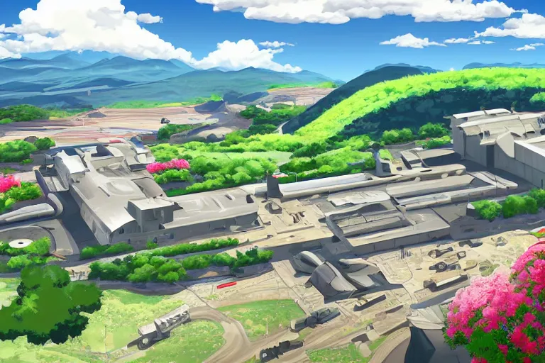 Prompt: ! dream a big factory architecture designed by boeing military on a hill in a beautiful landscape of the french countryside during spring season, painting by toei animation backgrounds hd and city hunter anime backgrounds hd and a few vector illustration touch, nice lighting, soft and clear shadows, low contrast, perfect