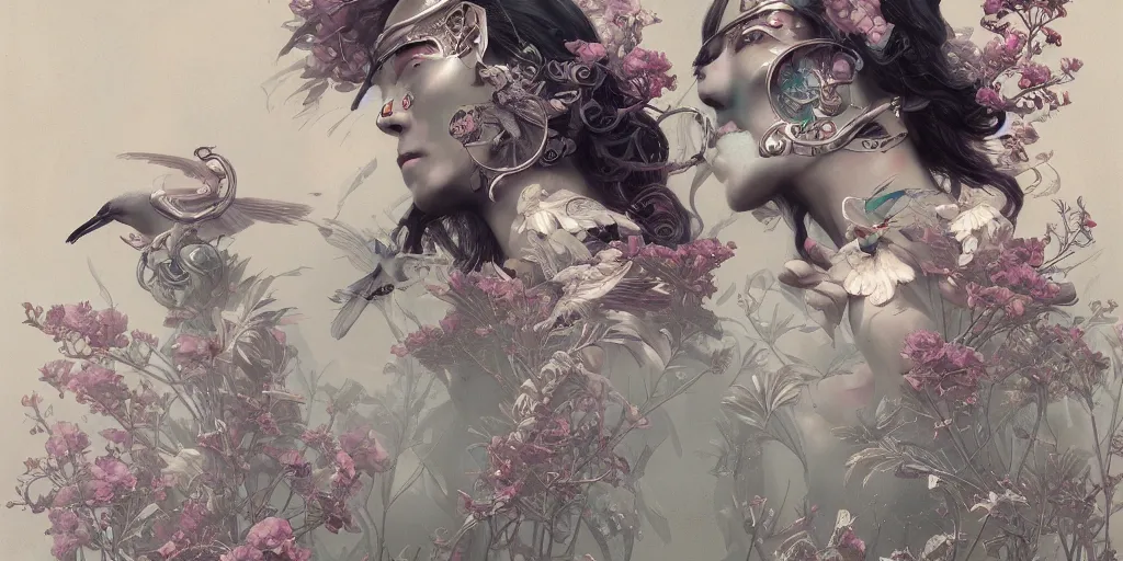 Image similar to breathtaking detailed hellbllade cyborg concept art painting art deco pattern of birds goddesses amalmation flowers, by hsiao ron cheng, tetsuya ichida, bizarre compositions, exquisite detail, extremely moody lighting, 8 k, art nouveau, old chines painting