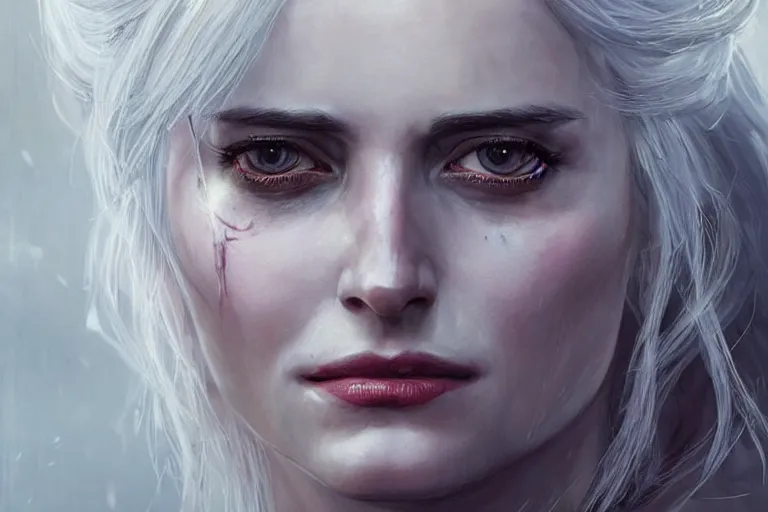 Image similar to A portrait of Eva Green as Ciri from the Witcher Game by Ruan Jia and Mandy Jurgens and Artgerm and william-adolphe bouguerea, highly detailed, trending on artstation, award winning, H 768