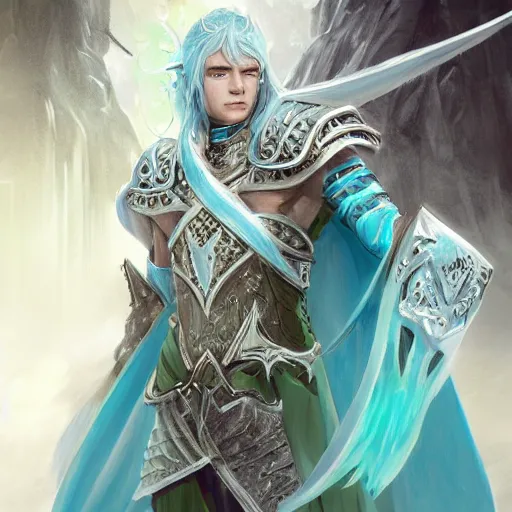 Image similar to handsome male snow elf in a turquoise cape and silver ornate armour, albino skin, ultra detailed fantasy, elden ring, realistic, dnd character portrait, full body, dnd, rpg, lotr game design fanart by concept art, behance hd, artstation, deviantart, global illumination radiating a glowing aura