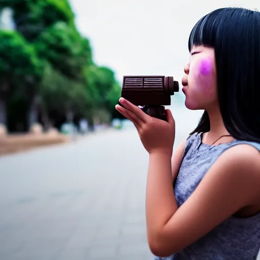 Image similar to an asian girl looking at the sky while having a chocolate ice cream canon eos 5 d mark iv