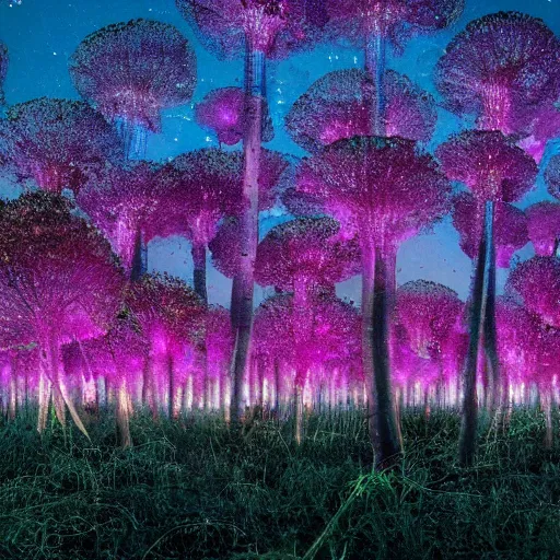 Image similar to field of tall beautiful luminescent pink and blue mycena fungi, emitting spore clouds, midnight, huge golden moon with small craters visible in night sky, hyperrealistic, detailed, soft lighting, fireflies