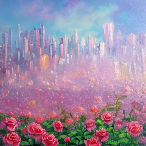 Prompt: A shimmering city made of translucent rose quartz shimmering in the sunlight, gardens with lots of flowers. Beautiful oil painting