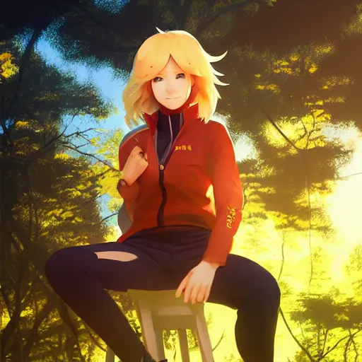 Image similar to realistic render of yang xiao long from rwby by ross draws, forest background by ilya kuvshinov, digital anime art by ross tran, composition by sana takeda, lighting by greg rutkowski