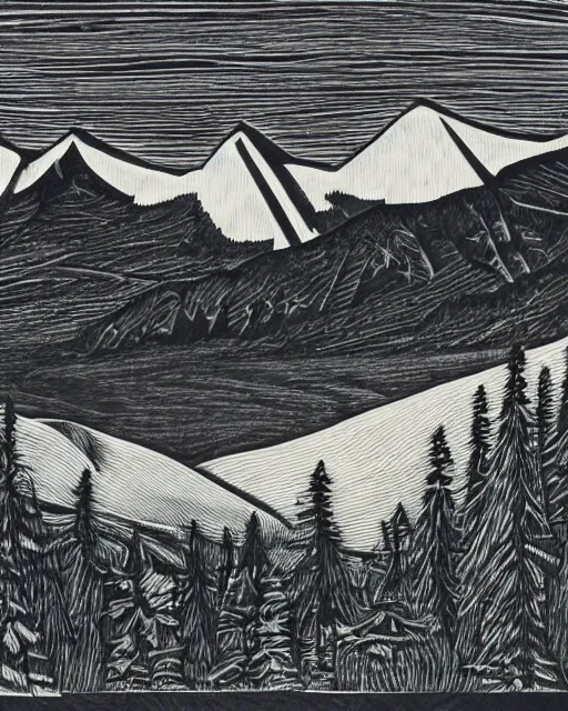 Image similar to an award winning Wood engraving on paper of Canadian mountains