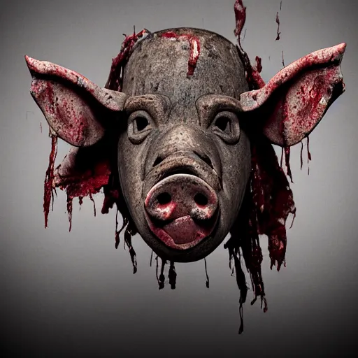 Image similar to a highly detailed realistic photographic render crucified bloody humanoid pig, bloody christ with the head of a pig, dead souls, religious sculpture, creepy, cinematic lighting, cinematic scene, Volumetric lighting, Atmospheric scene, Dark, Horror, Atmospheric lighting, Global illumination, realistic, photo realism, hyper realistic, hyper realism, photo realisitc, cinematic render, film, beautifully lit, ray traced, octane 3D render, octane render, unreal engine