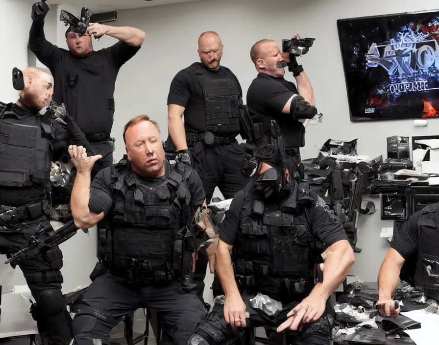 Prompt: SWAT Police group raiding Alex Jones in his INFOWARS studio surrounded by trash and herbal supplements and rubbish and broken camera TV equipment, Alex Jones is very angry, smoke and gas, dramatic press photo