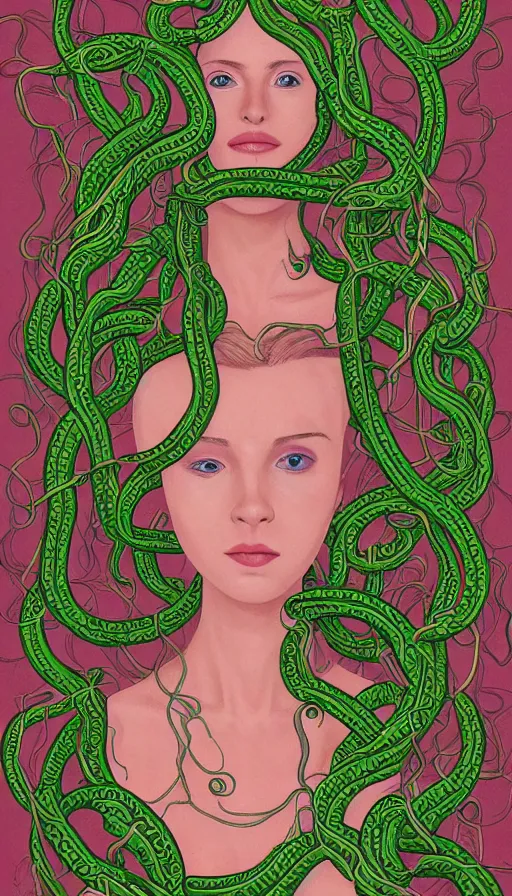 Image similar to very detailed portrait of a 2 0 years old girl surrounded by tentacles, the youg woman visage is blooming from fractal and vines, by wes anderson,