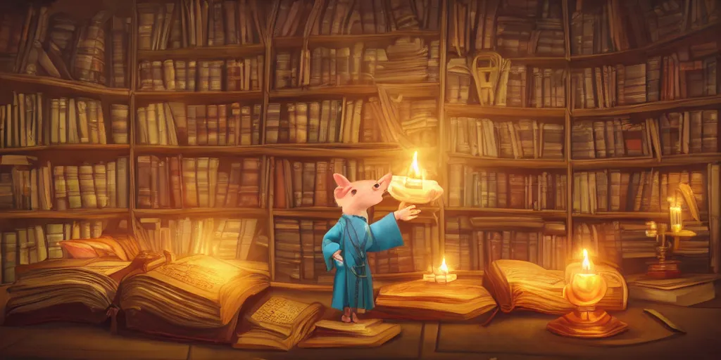 Prompt: vast library, cute chibi rat wizard, wizard hat, old wizard robe, big bookshelves, 3 d sculpture, 3 d cg, pixar, cel shading, celestial, majestic, cinematic light, candles, chandelier, lanterns, soft light