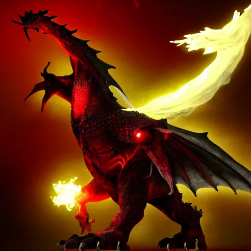 Prompt: dragon,big,monster,beast,furry,red,black,realistic render,spike,light,back round, four wings,fire,