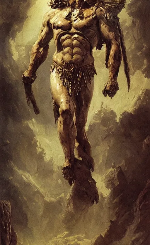 Image similar to hercules in lion ornamented armor, wearing cape, beksinski, hercules concept art, weta workshop concept art