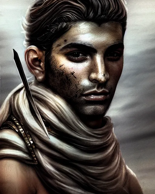 Image similar to portrait of a Persian Prince fighting at war, warrior, brutal battle, handsome prince, shaved face, without beard, attractive young man, shaved face, heroic pose, dramatic lighting, dark and horror, action and tragedy, dust and blood, intricate, wild, highly detailed, digital painting, artstation, concept art, smooth, sharp focus, illustration, art by artgerm and greg rutkowski and alphonse mucha, footage from space camera