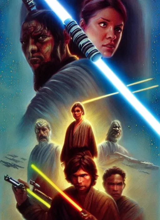 Image similar to epic cinematic poster artwork for featuring portraits for lost star wars film end of an empire ( 1 9 9 0 ), moody painting by drew struzan, beautiful backlit, colorful, iconic composition, epic award winning, artstation, extremely detailed, flare, photorealistic, 4 k