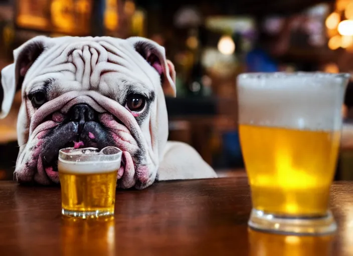 Image similar to a closeup, 4 5 mm, detailed photograph of a english bulldog drinking a beer on a bar - stool, sitting at a bar on a bar - stool, beautiful low light, 4 5 mm, by franz lanting