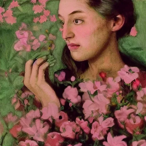 Image similar to a lot of flowers morphing in a beautiful girls face, film still by wes anderson, depicted by balthus, limited color palette, very intricate, art nouveau, highly detailed, lights by hopper, soft pastel colors, minimalist