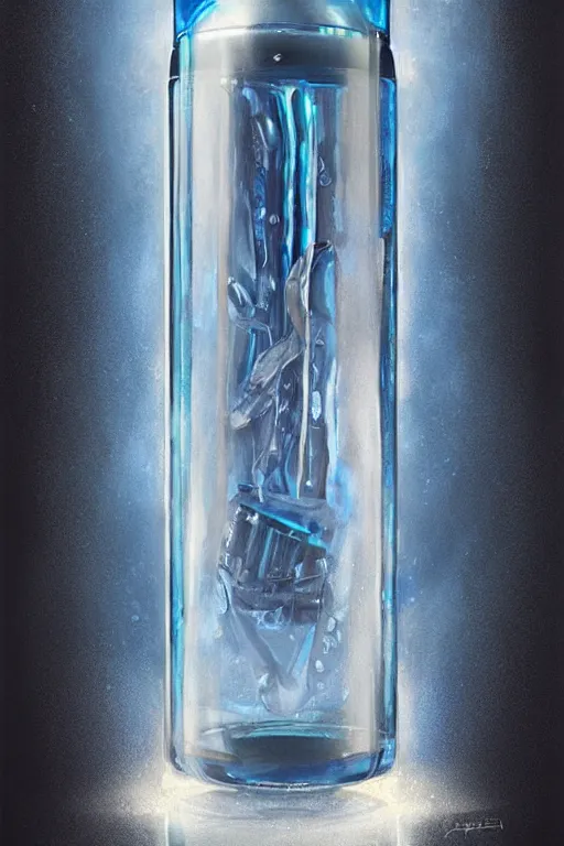 Image similar to concept art of a audemars piguet blue iridescent liquid dietary supplement in a transparent bottle with big black sticker on it by aenaluck, artgerm and roberto ferri and greg rutkowski, blue and white tones, digital painting, artstation, concept art, smooth, sharp foccus ilustration hq