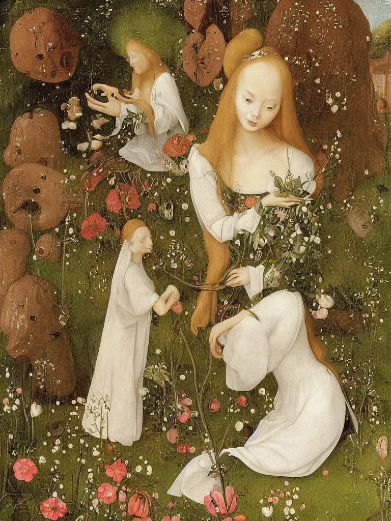 Image similar to elf maiden with long golden hair, wearing alexander mcqueen dress, sitting among flowers in the garden in the style of hieronymus bosch,