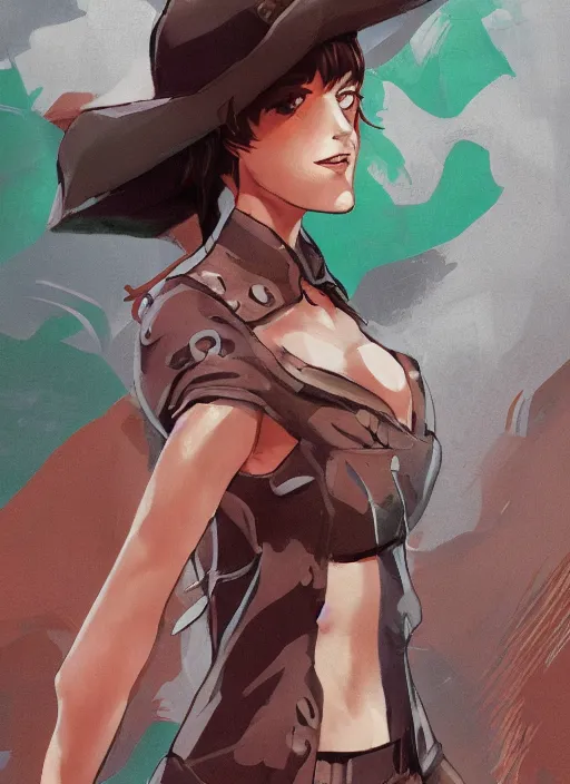 Image similar to full size persona, female sheriff, detail, ultra sharpness, beautiful female, detailed face, art by huyy nguyen, style by cain kuga, cowboy bebop art style, 3 2 beautiful color palettes with their corresponding gradient