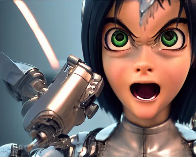 Image similar to battle angel alita, mouth open, 3 5 mm, photorealistic, lifelike, octane engine, cinematic lighting, high detail, high resolution