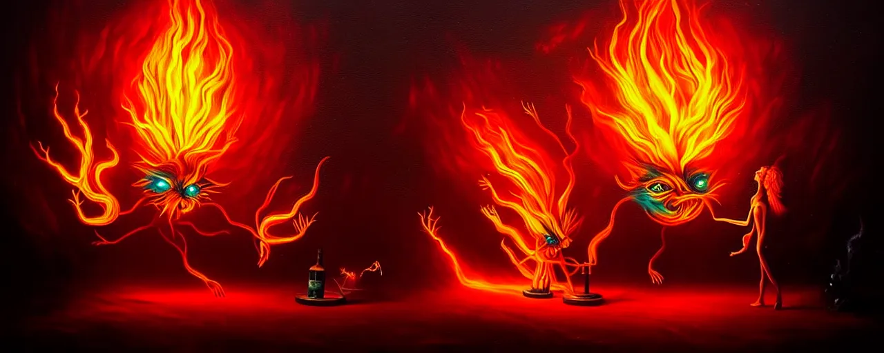 Image similar to whimsical fiery alchemical creatures, surreal dark uncanny painting by ronny khalil