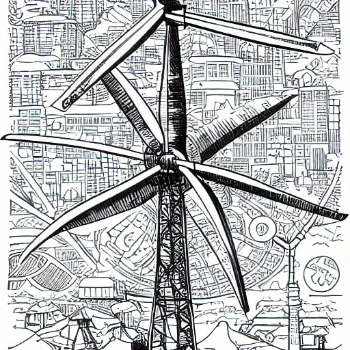 Image similar to Simplistic comic illustration of a wind turbine blueprint, black ball pen on white paper, by Josan Gonzalez and Geof Darrow