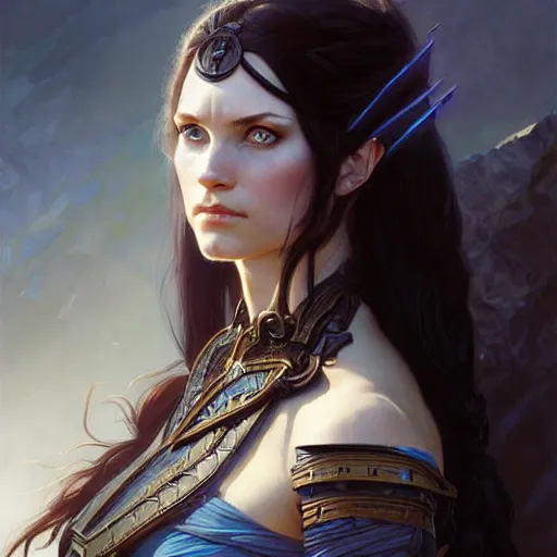 Image similar to Portrait of female warrior, D&D, blue eyes, face, long black hair, fantasy, intricate, elegant, highly detailed, digital painting, artstation, concept art, smooth, sharp focus, illustration, art by artgerm and greg rutkowski and alphonse mucha