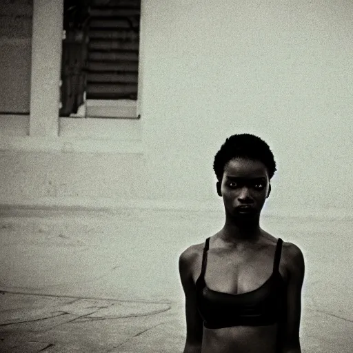 Image similar to portrait of a beautiful gorgeous black edgy model girl with short hair, bikini, she's sad, sunset, street of hong kong, 8 0 mm lens, 1. 2 aperture, kodak 5 2 1 9, grainy image, close up, cinematic light, very detailed, depressing atmosphere, cover magazine
