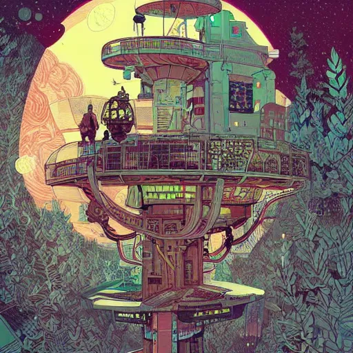 Image similar to Stunningly intricate illustration of a cyberpunk explorer playing video games in his treehouse, highly detailed, midnight, by Victo Ngai and James Gilleard , Moebius, Laurie Greasley