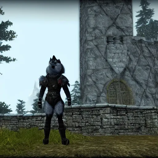 Image similar to furry anthro digital video game screenshot of an anthropomorphic wolf with black fur medieval guard wearing a set of armor standing on the castle walls view of the forest in background in the The Elder Scrolls V: Skyrim