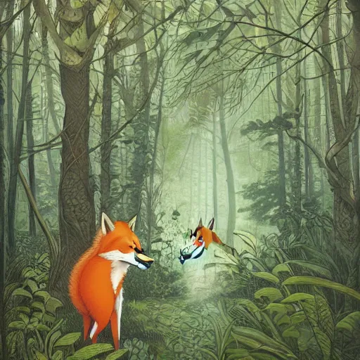 Prompt: an adventurous anthropomorphic fox walking through a lush forest, James jean