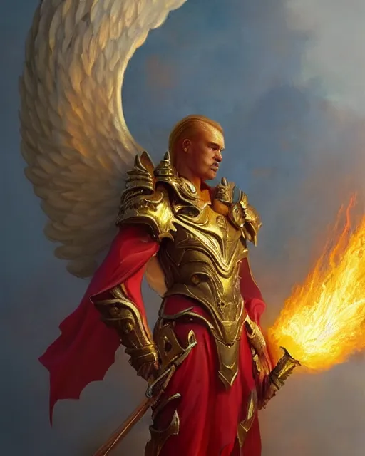 Prompt: character portrait of a huge male angel of justice, with fiery golden wings, wearing shining armor, wielding a flaming sword, by peter mohrbacher, mark brooks, jim burns, marina abramovic, wadim kashin, greg rutkowski, trending on artstation