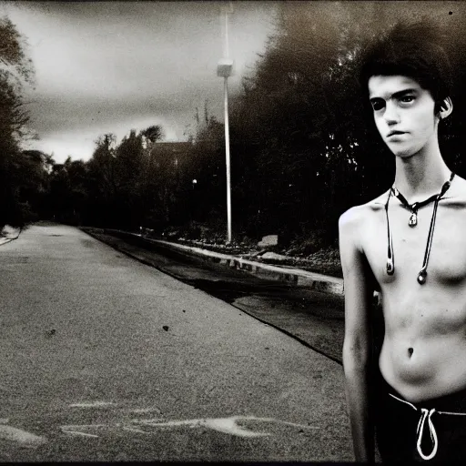 Image similar to a teenage boy, around 1 9 years old with necklace, natural brown hair, loincloth, pale skin. as homeless. detailed face. ominous and eerie looking street in background. natural color. hyperrealistic photo.