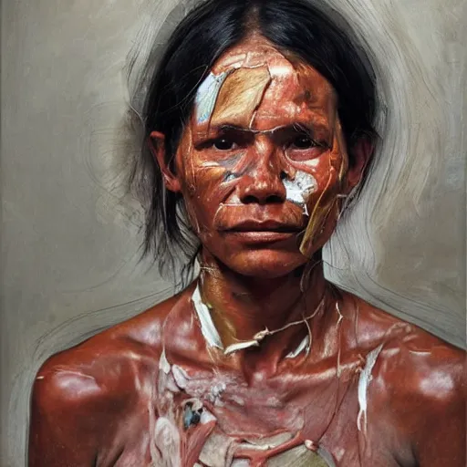 Image similar to high quality high detail painting by jenny saville, hd, a skinny beautiful indigenous woman tribe leader, photorealistic lighting