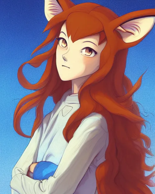 Prompt: fullbody portrait of wild half - fox woman with fox nose and ears, wearing summer jeans shorts and tshirt, anime art, concept art, detailed attractive face with fox nose and fox mouth, symmetrical, trending on pixiv, by lois van baarle by akira toriyama by sung choi by john kirby artgerm style pascal blanche and magali villeneuve