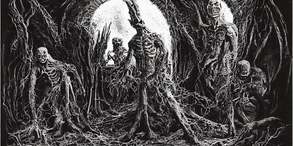 Prompt: monsters lurking in the shadows of the catacomb | fantasy | virgil finlay |