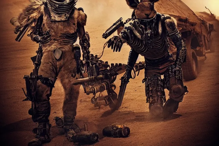 Image similar to a good ol'jackrabbit fursona ( from the furry fandom ), heavily armed and armored facing down armageddon in a dark and gritty version from the makers of mad max : fury road. witness me.