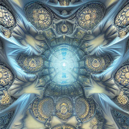 Prompt: a hyperrealistic 3 d painting of a huge sprawling fractal cathedral interior populated by mandelbrot fractals by android jones, unreal engine, carved soap, white color scheme, volumetric lighting, octane render, dramatic lighting, glowing, carved marble, opalescent, carved wood, sacred geometry, religious, angelic, catholicpunk, stark, 8 k, ultra detailed