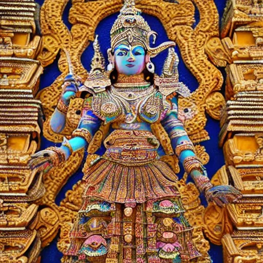 Image similar to a woman wearing an armor and headdress. the armor and headdress is made out of the colors, textures and sculptures of the meenakshi temple in madurai. intricate. detailed.