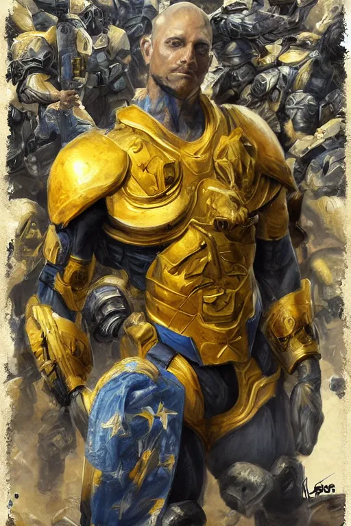 Prompt: A military super soldier with a blue and yellow flag behind him is standing on a pile of skulls in triumph, front view, handsome, fantasy, intricate, elegant, highly detailed, digital painting, trending on artstation, concept art, smooth, sharp focus, illustration, oil painting, art by artgerm and greg rutkowski, 8k