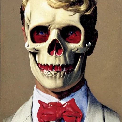 Image similar to frontal portrait of a suited blond with medical gloves and a skull face mask, by Gerald Brom and Norman Rockwell