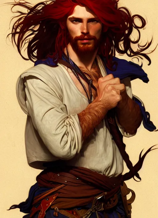 Image similar to portrait of a young ruggedly handsome but joyful pirate, male, masculine, full body, red hair, long hair, d & d, fantasy, intricate, elegant, highly detailed, digital painting, artstation, concept art, matte, sharp focus, illustration, art by alphonse mucha