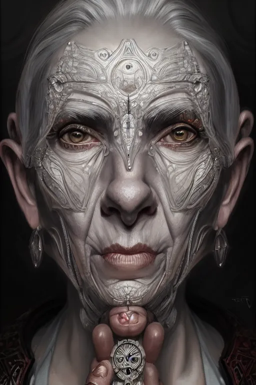 Image similar to symmetry!! portrait of an elderly grey haired woman in the style of god of war, machine parts embedded into face, intricate, elegant, highly detailed, digital painting, artstation, concept art, smooth, sharp focus, illustration, art by artgerm and greg rutkowski and alphonse mucha, 8 k