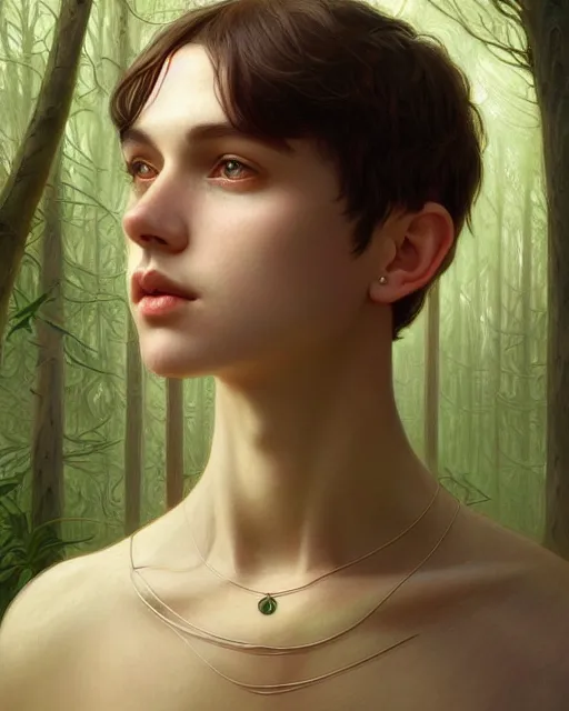 Image similar to symmetry portrait of welsh brunette princess disguised as a young man, tomboy, short hair, forest background, intricate, elegant, highly detailed, digital painting, artstation, concept art, smooth, sharp focus, illustration, art by artgerm and greg rutkowski and fra angelico and alphons mucha