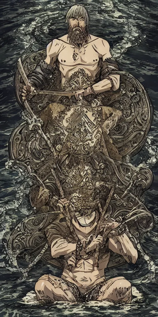 Image similar to a lone king sitting on a throne floating on water in the middle of a lake drawn by Makoto Yukimura in the style of Vinland saga anime, full color