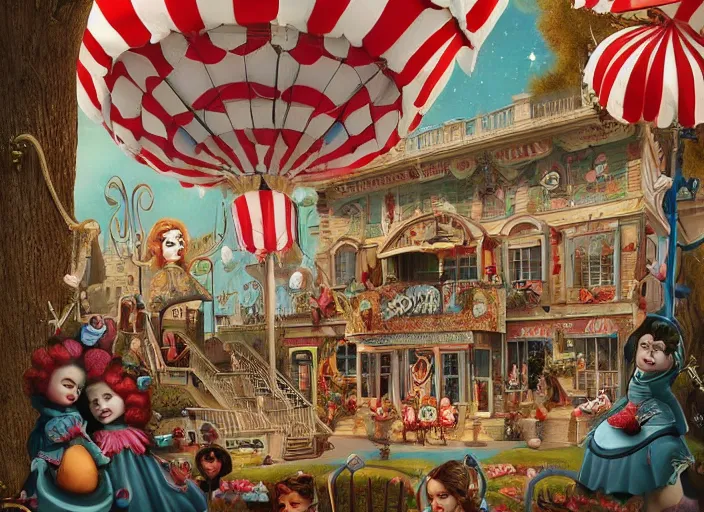 Prompt: 🎪🎟🤹♀🎠🎡, lowbrow, matte painting, 3 - d highly detailed, in the style of mark ryden,