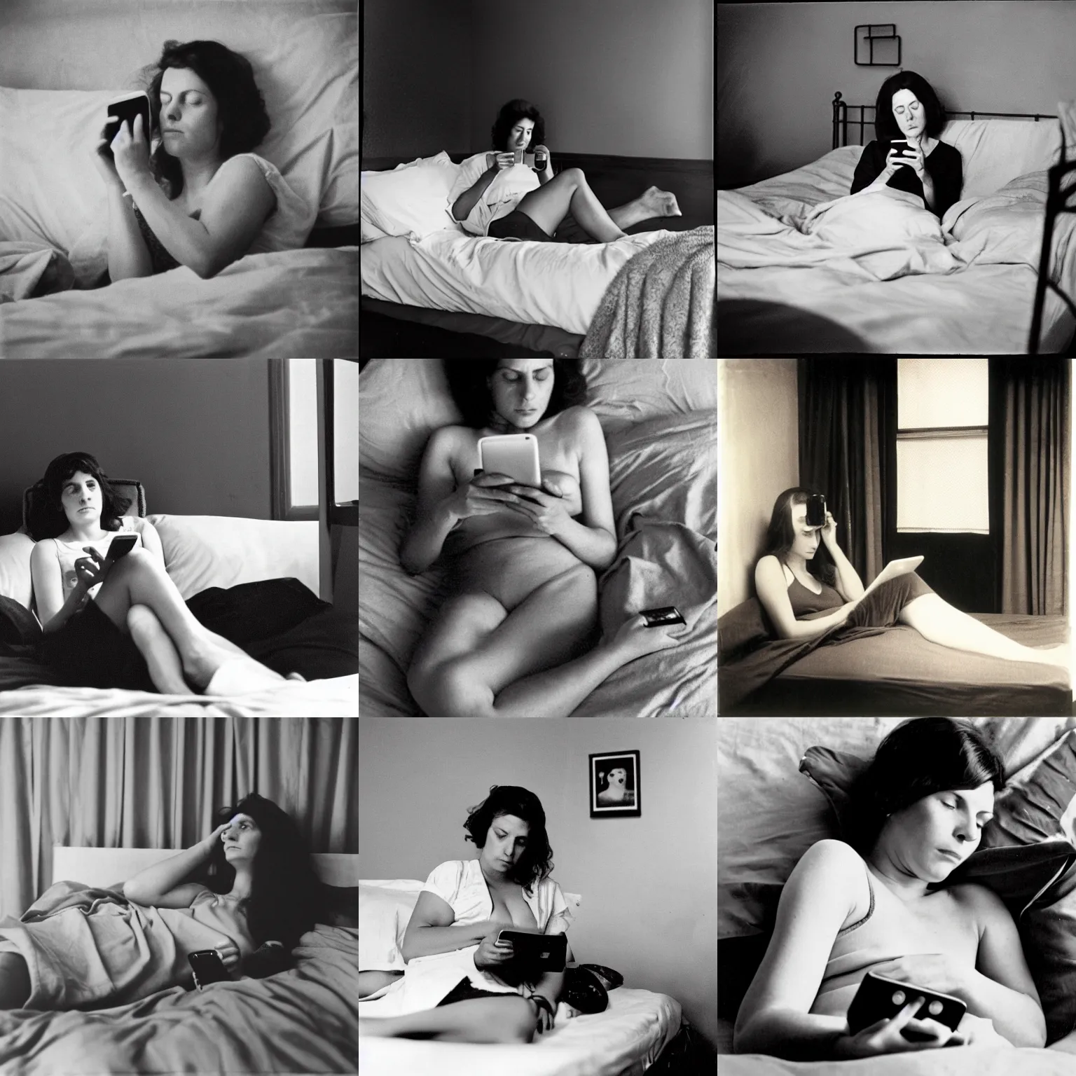 Prompt: a woman with dark brown hair relaxing on a bed staring at her cell phone, photo by Dianne Arbus