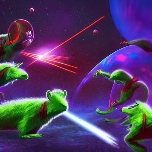 Image similar to laser war between funny creatures on a planet, digital art, award winning 4K