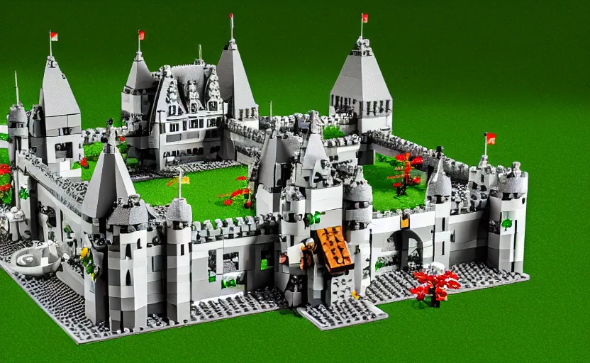 Image similar to a realistic detailed accurate Lego set of a medieval French castle on a forested green hill